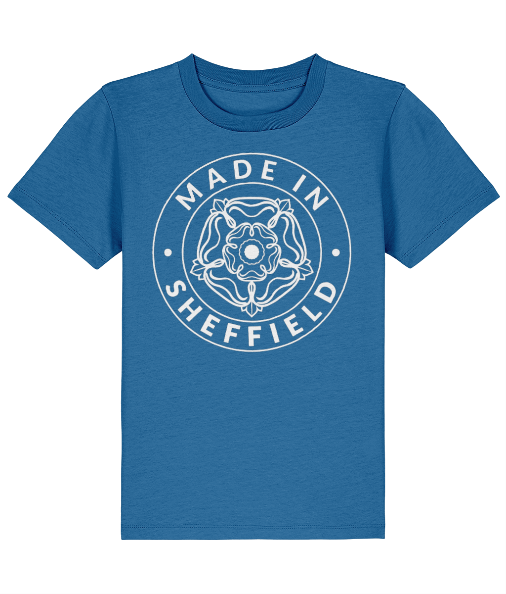 Blue t-shirt with 'Made in Sheffield' design on a white background
