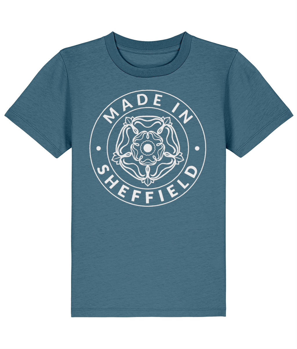 Stargazer Teal t-shirt with 'Made in Sheffield' design on a white background