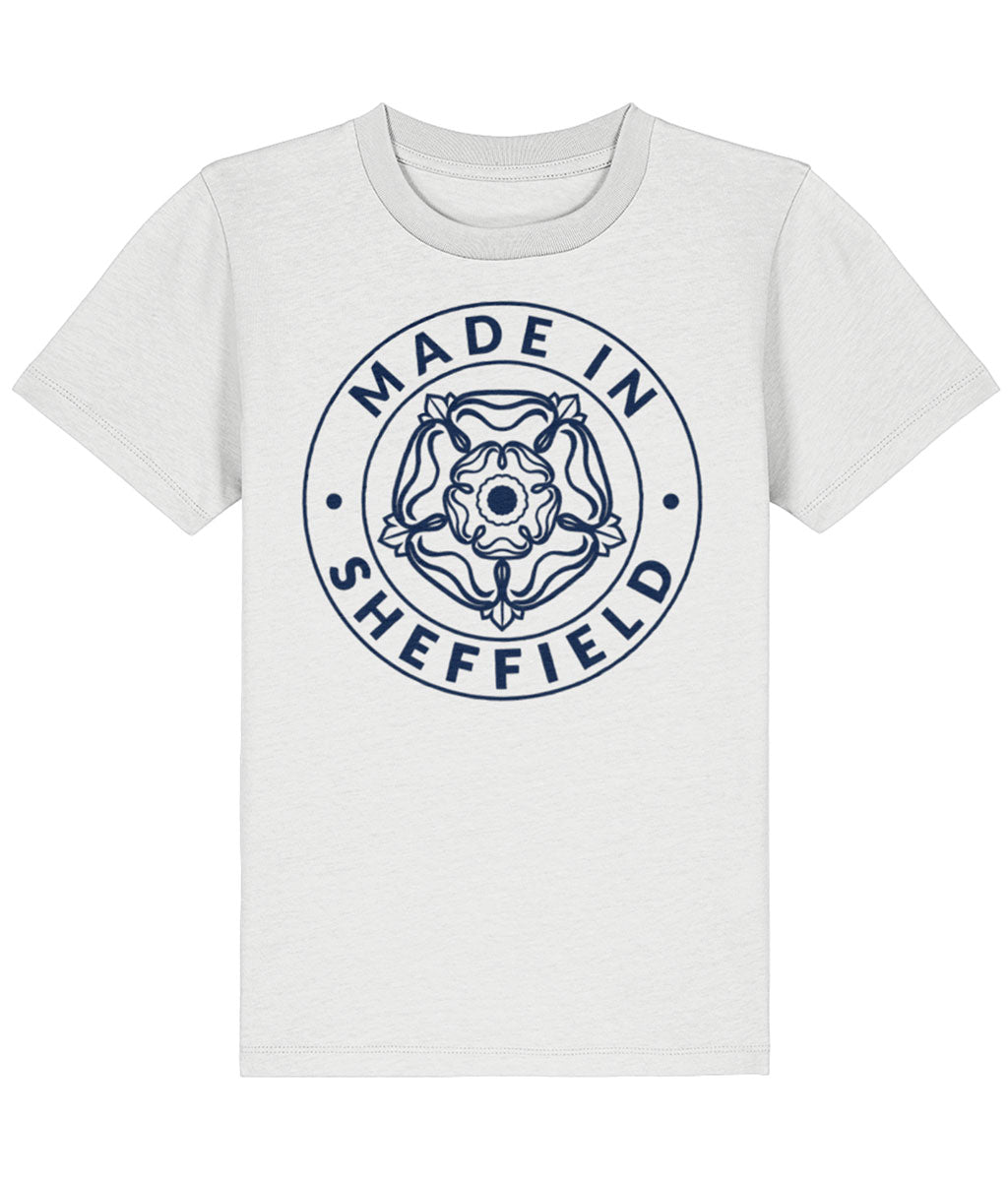 White t-shirt with 'Made in Sheffield' design on a white background