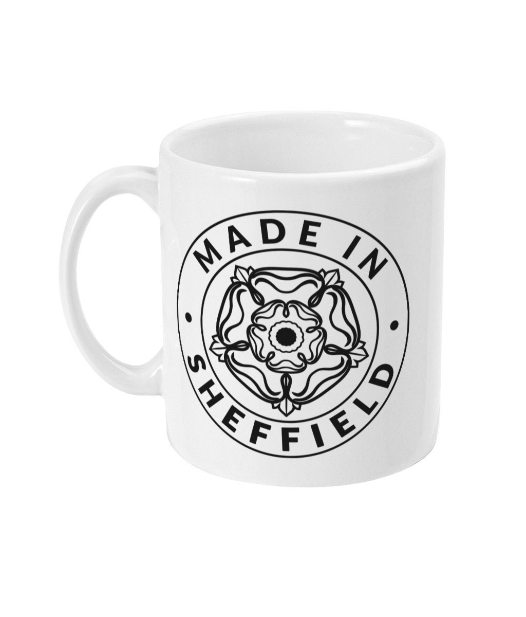 White mug with a black 'Made in Sheffield' design on a white background