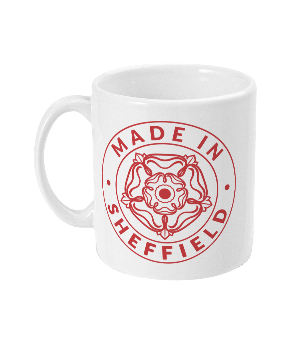 White mug with 'Made in Sheffield' red logo on a white background