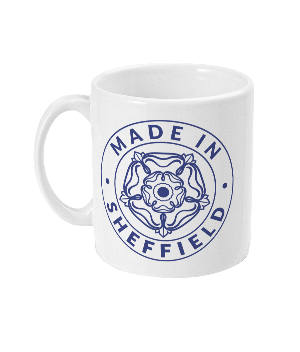 White mug with 'Made in Sheffield' design on a white background