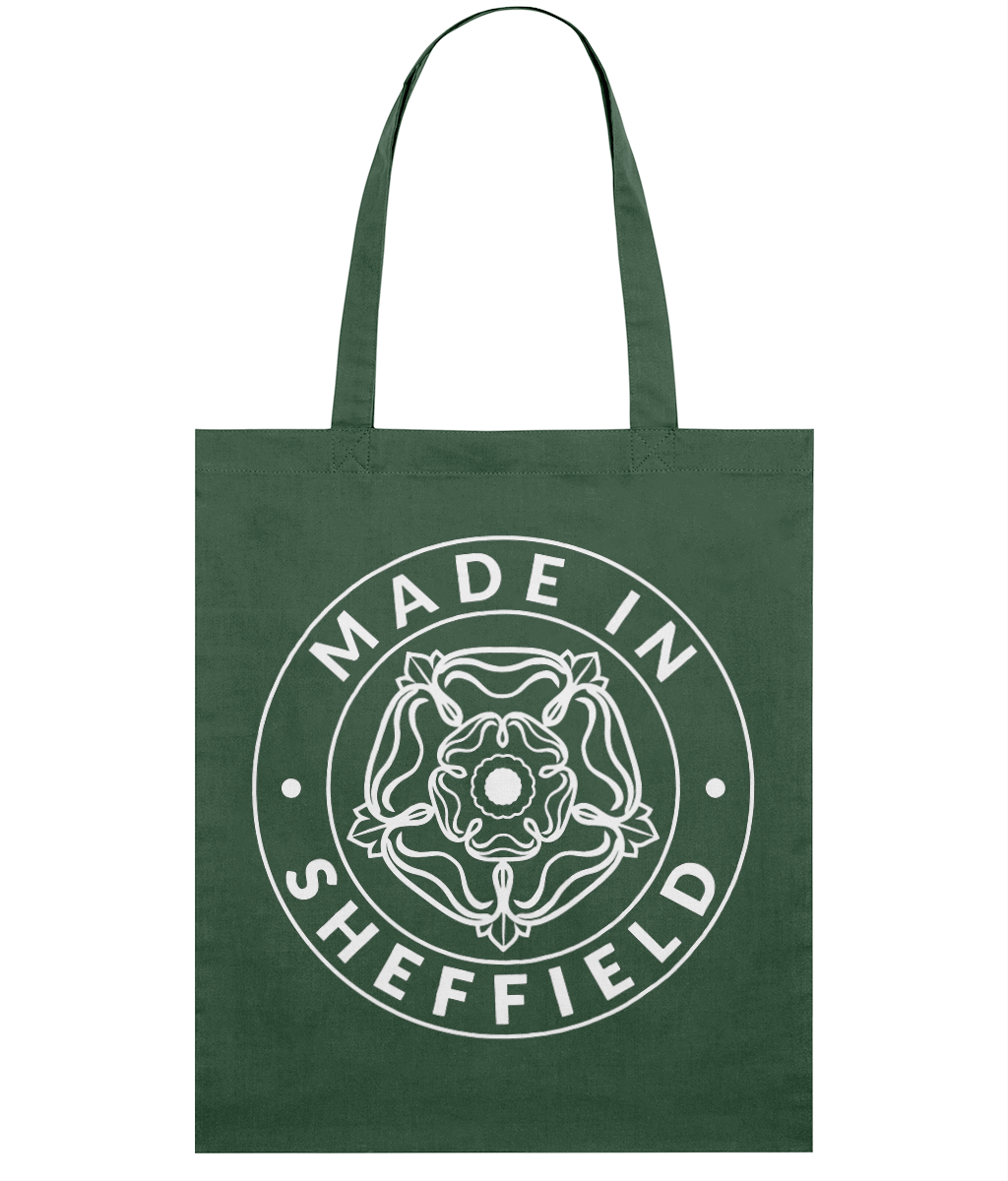 Bottle Green colour tote bag with 'Made in Sheffield' design on a white background