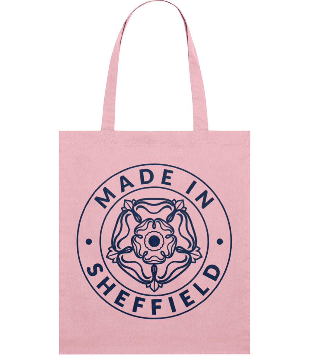 Pink tote bag with 'Made in Sheffield' design on a white background