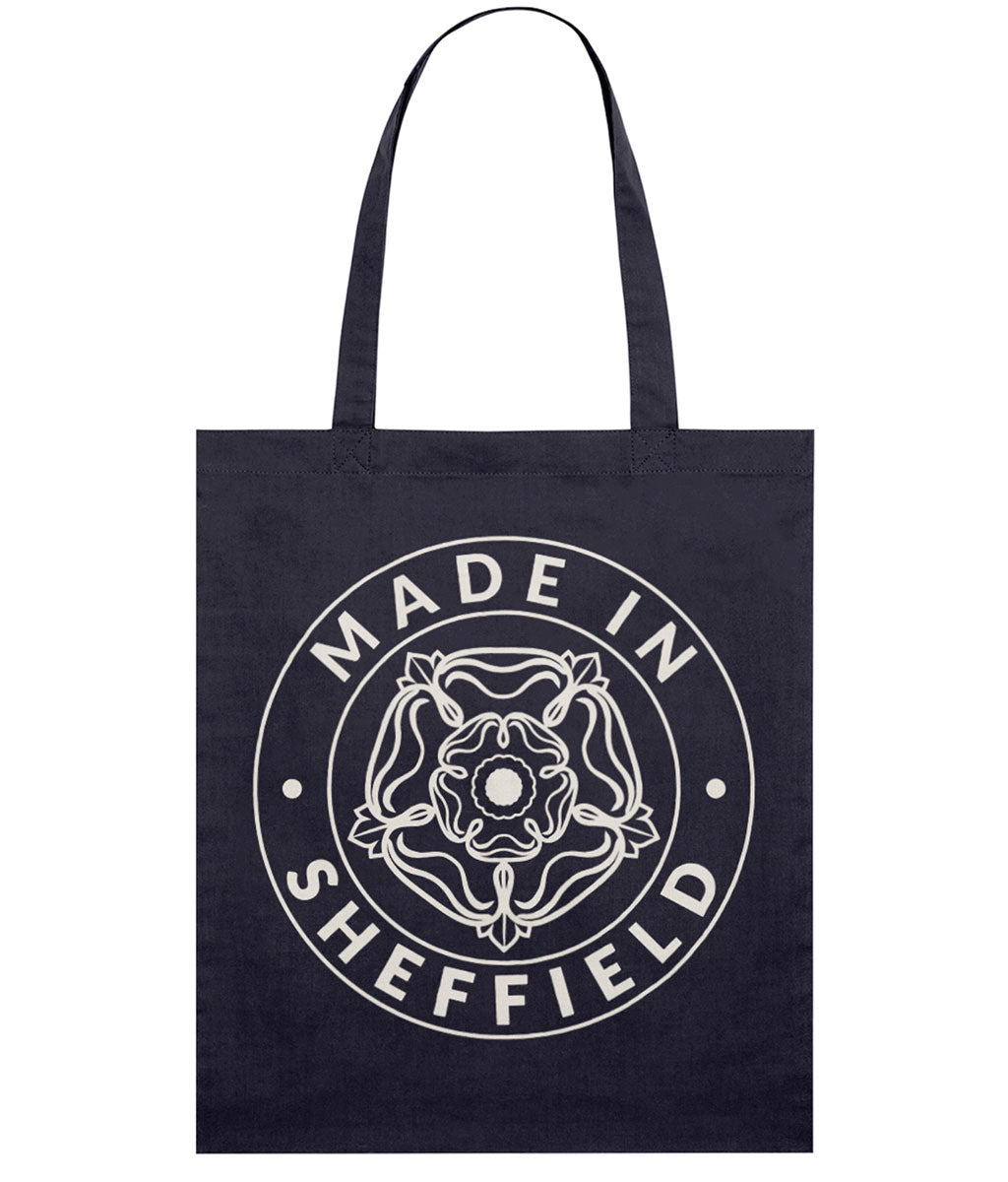 Black tote bag with 'Made in Sheffield' design on a white background