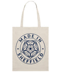 Beige tote bag with 'Made in Sheffield' design on a white background