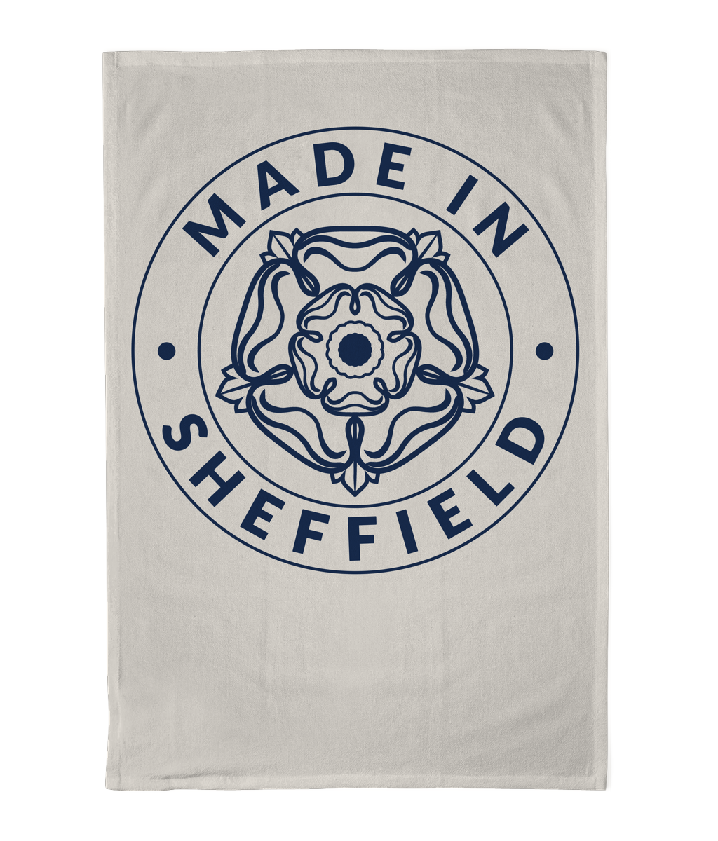 Tea towel with 'Made in Sheffield' design on a cream background