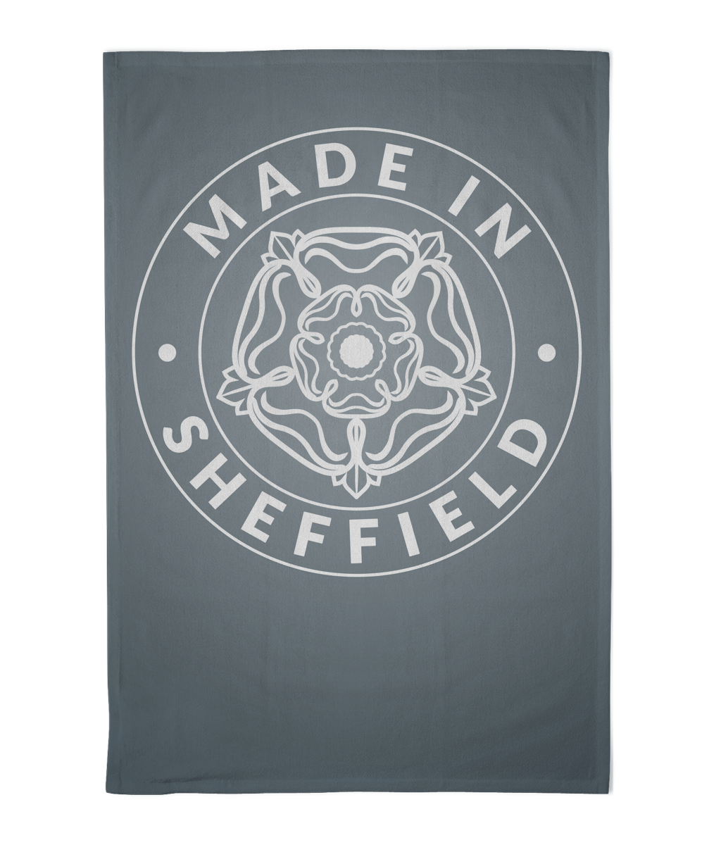Steel-effect Gray towel with 'Made in Sheffield' text and emblem on a white background