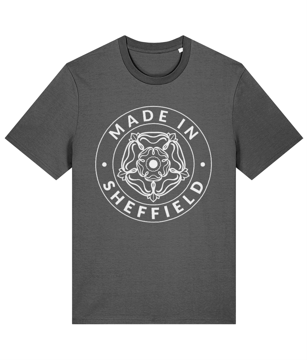 Dark gray t-shirt with 'Made in Sheffield' logo on a white background