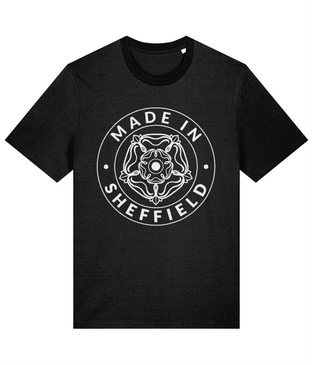 Black t-shirt with 'Made in Sheffield' logo on a white background
