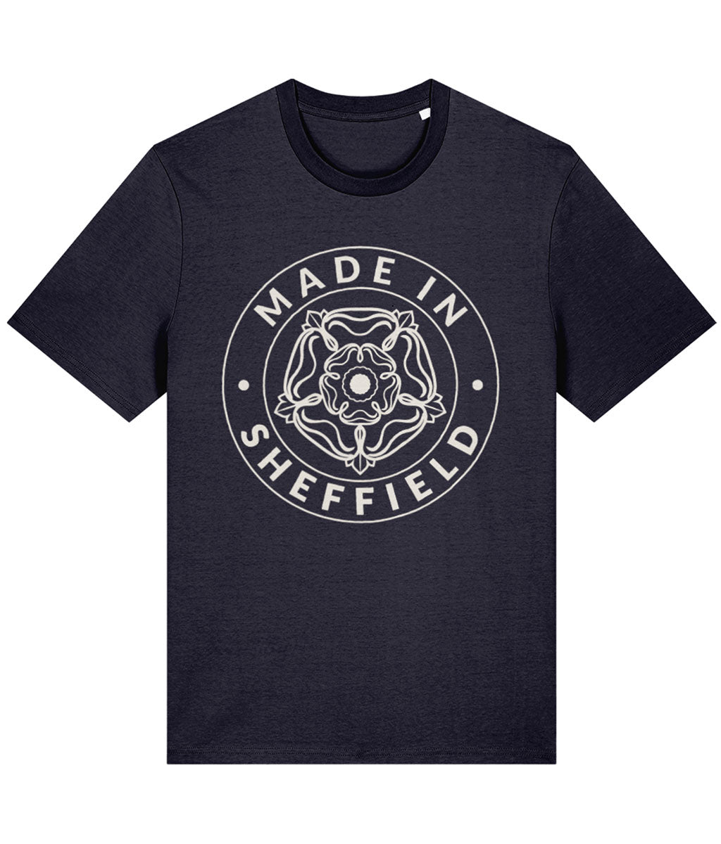 French Navy t-shirt with 'Made in Sheffield' design on a white background