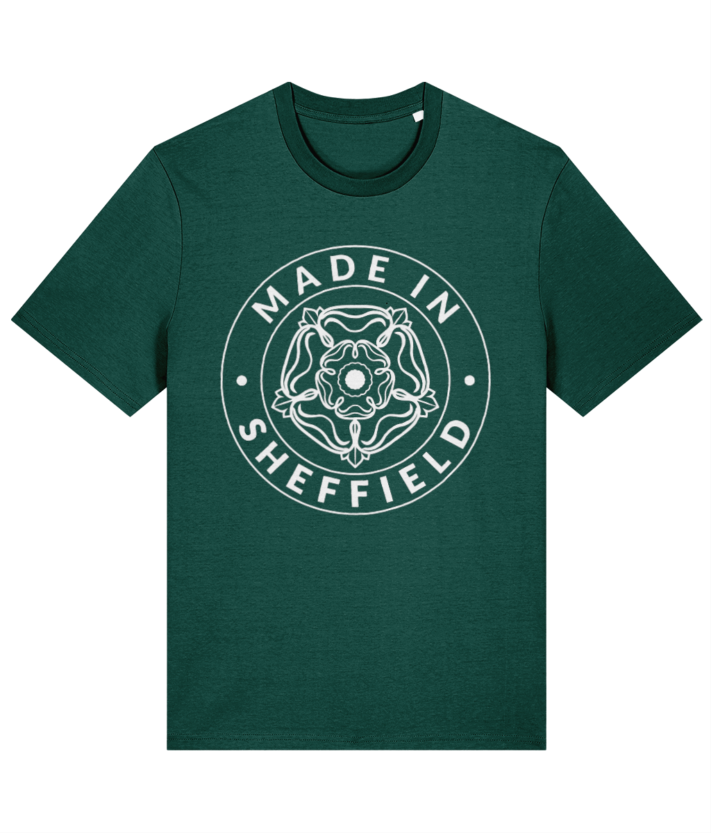 Green t-shirt with 'Made in Sheffield' logo on a white background