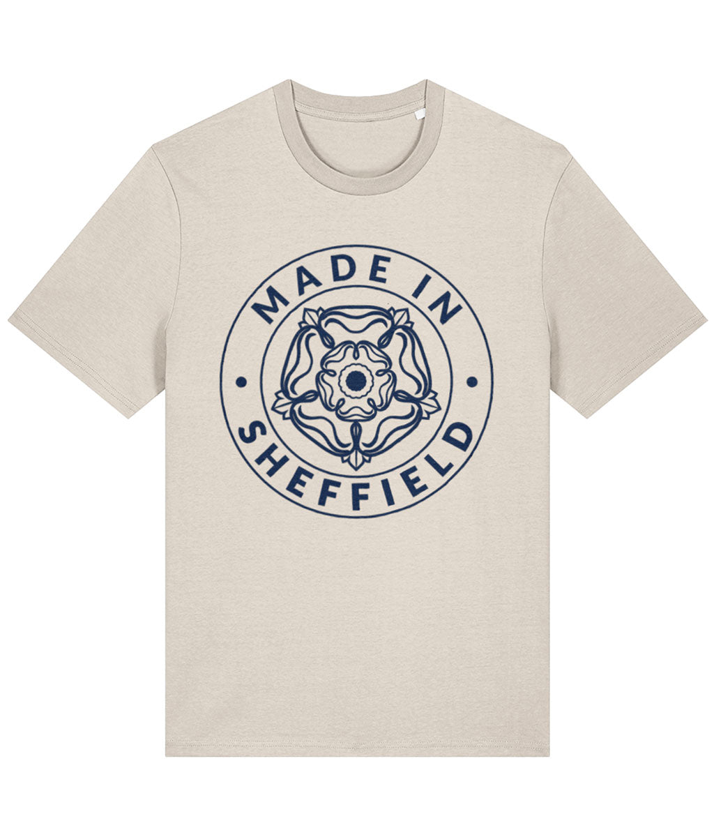 Natural Raw Cotton t-shirt with 'Made in Sheffield' design on a white background