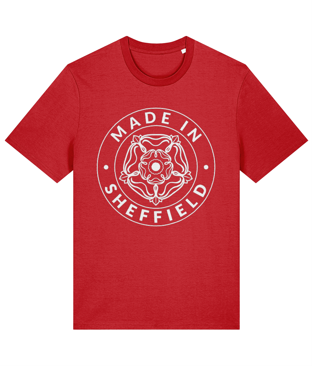 Red t-shirt with 'Made in Sheffield' logo on a white background