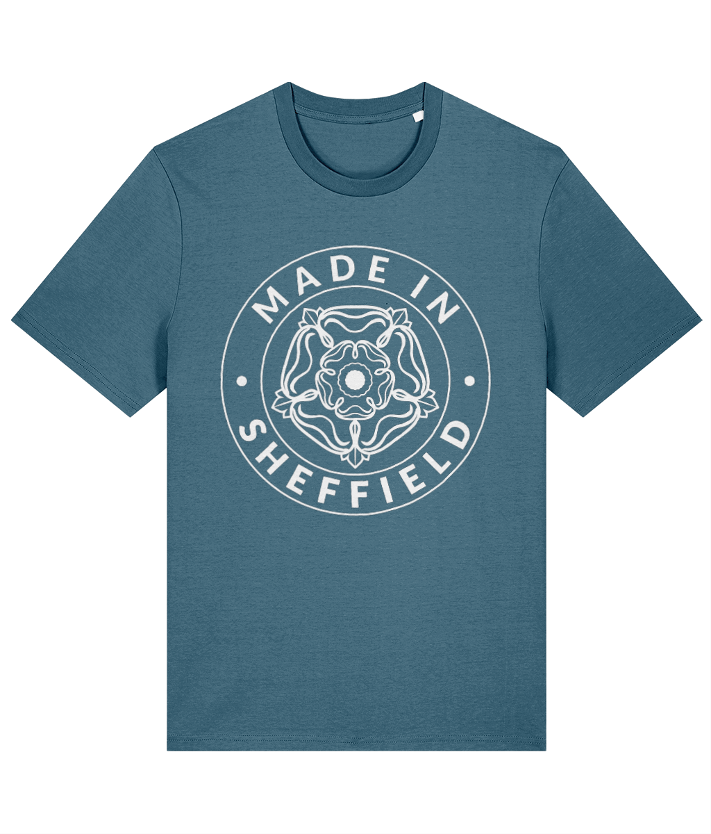 Teal t-shirt with 'Made in Sheffield' logo on a white background