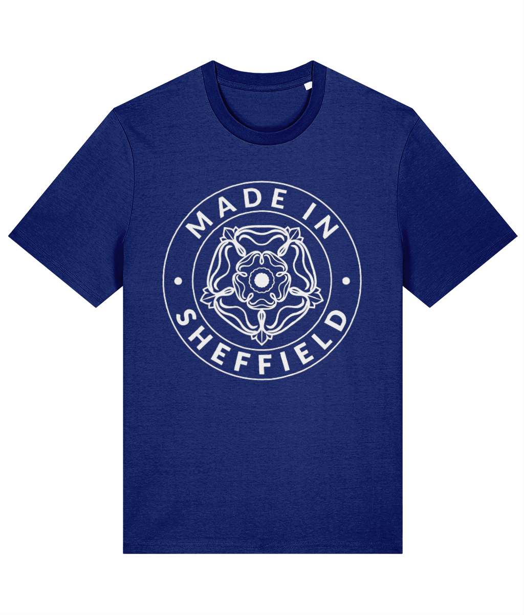Blue t-shirt with 'Made in Sheffield' design on a white background