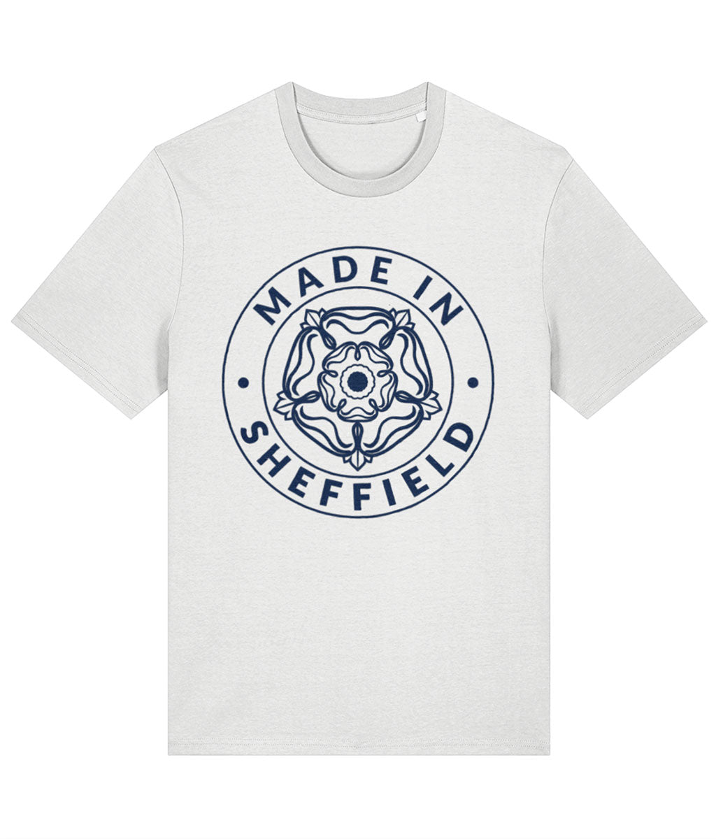 White t-shirt with 'Made in Sheffield' design on a white background