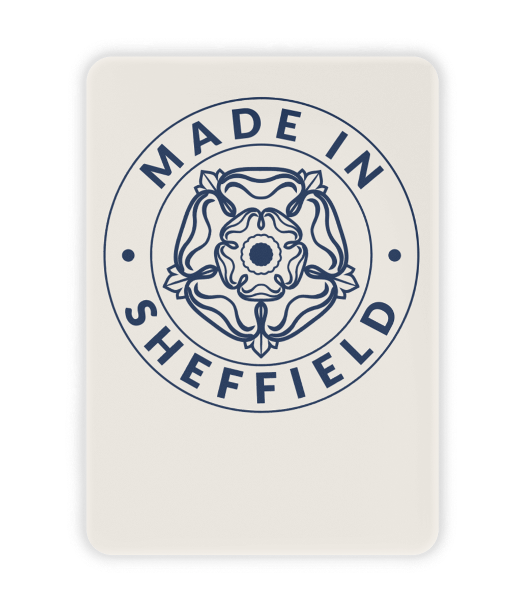 Ceramic Fridge Magnet with 'Made in Sheffield' design featuring a rose emblem on a cream background