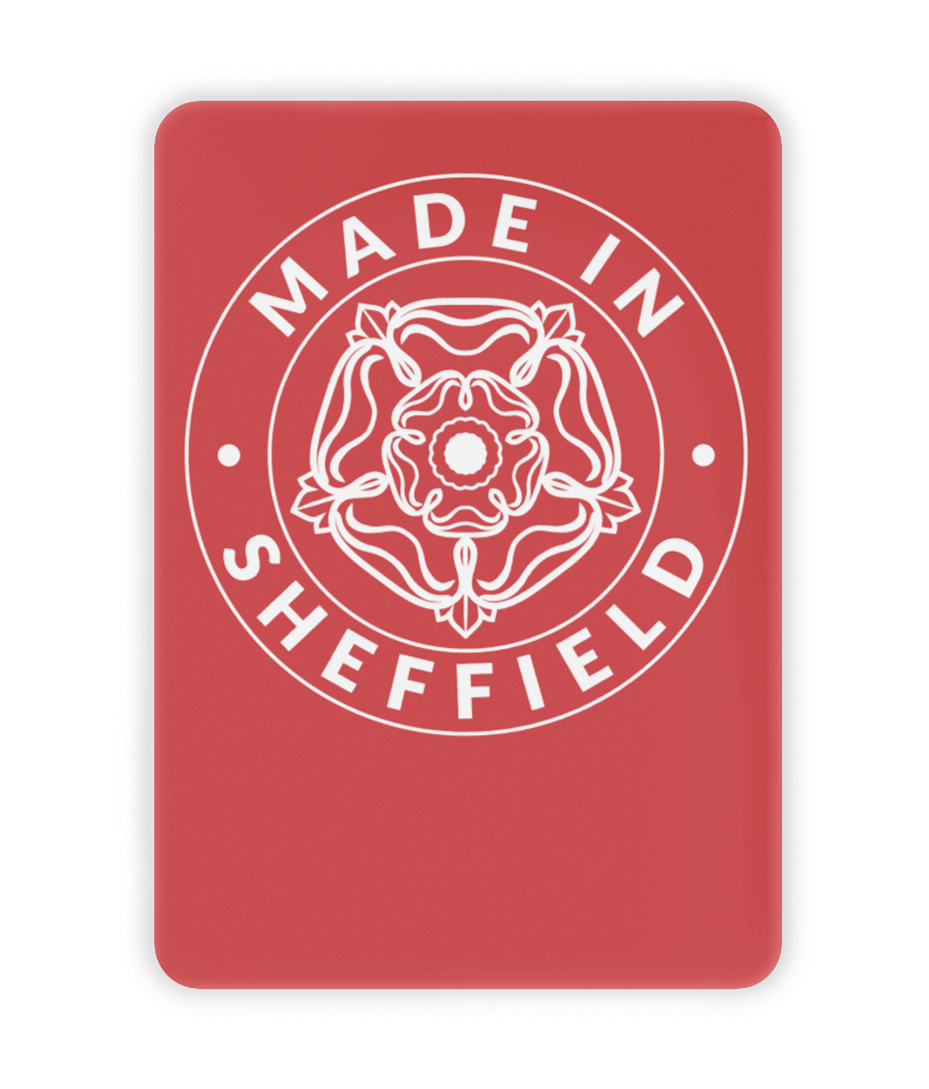 Red ceramic fridge magnet with 'Made in Sheffield' text and rose emblem on a white background