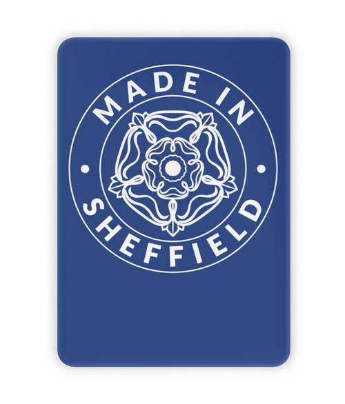 Royal Blue ceramic fridge magnet with 'Made in Sheffield' text and emblem on a white background