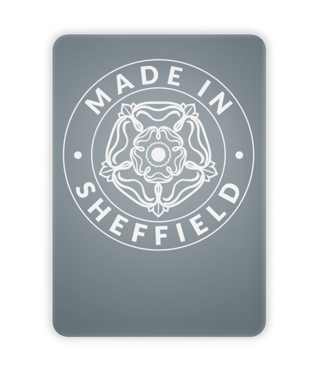 Steel-effect coloured Ceramic Fridge Magnet with 'Made in Sheffield' text and emblem on a white background