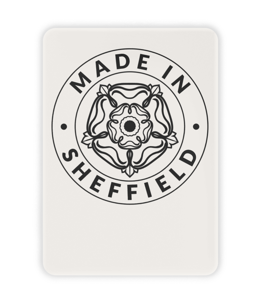 Ceramic fridge magnet with 'Made in Sheffield' design featuring a rose emblem on a stone-coloured background