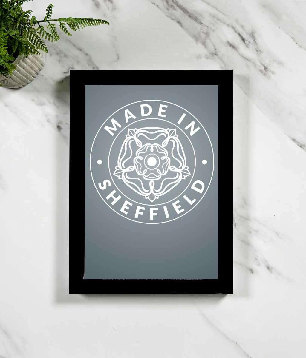 Framed print with 'Made in Sheffield' design on a marble surface