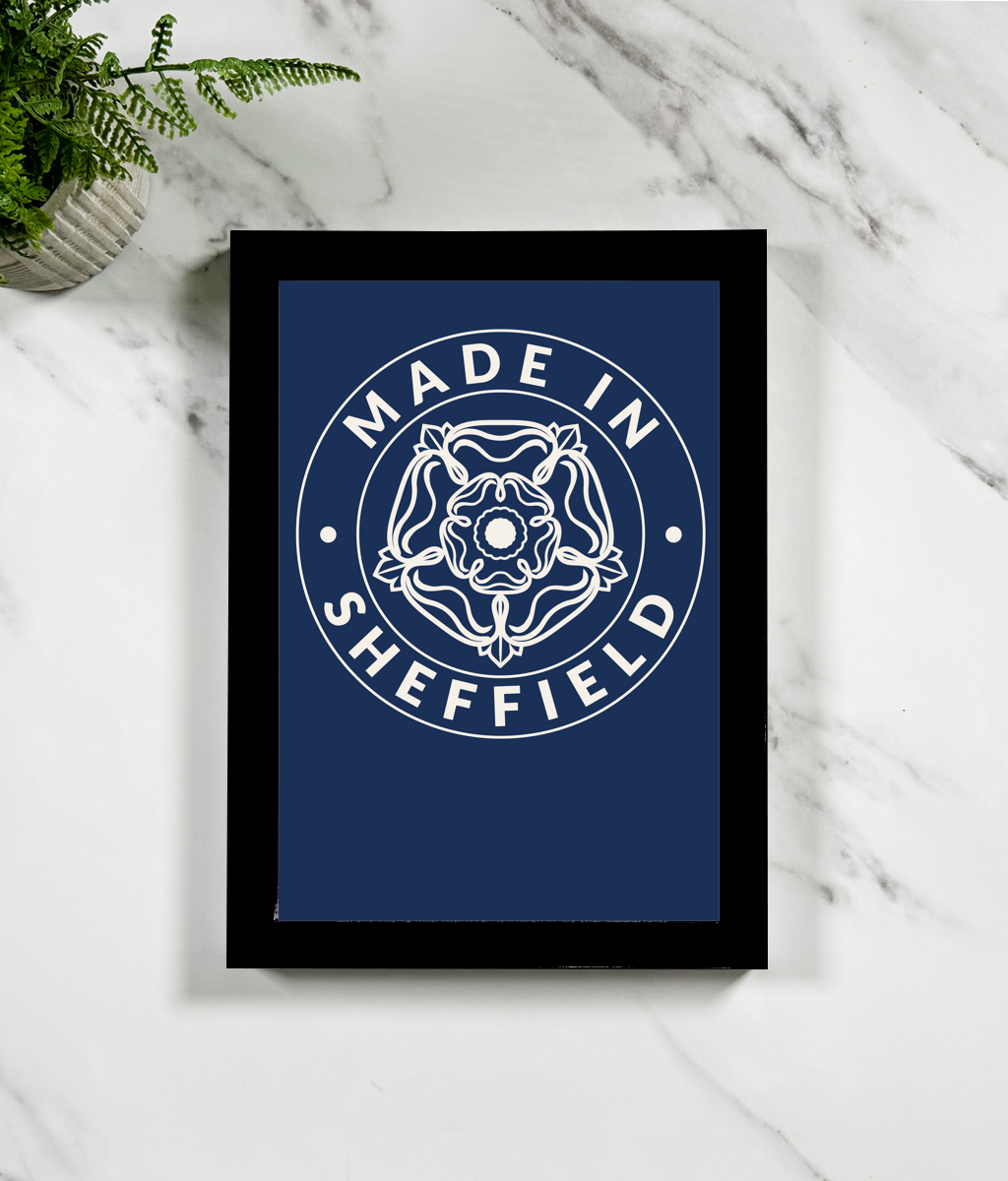 Framed print with 'Made in Sheffield' design on a marble surface