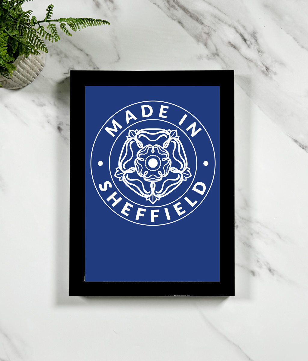 Framed print with 'Made in Sheffield' design on a marble surface