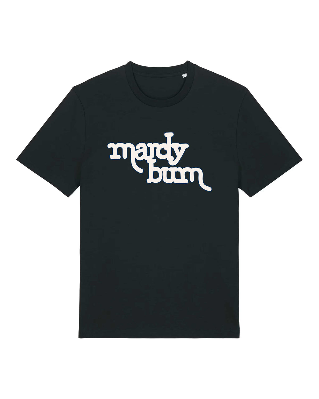A black short-sleeve crewneck t-shirt with the phrase 'mardy bum' printed in a stylized white script inspired by Arctic Monkeys across the chest, displayed on a solid white background.