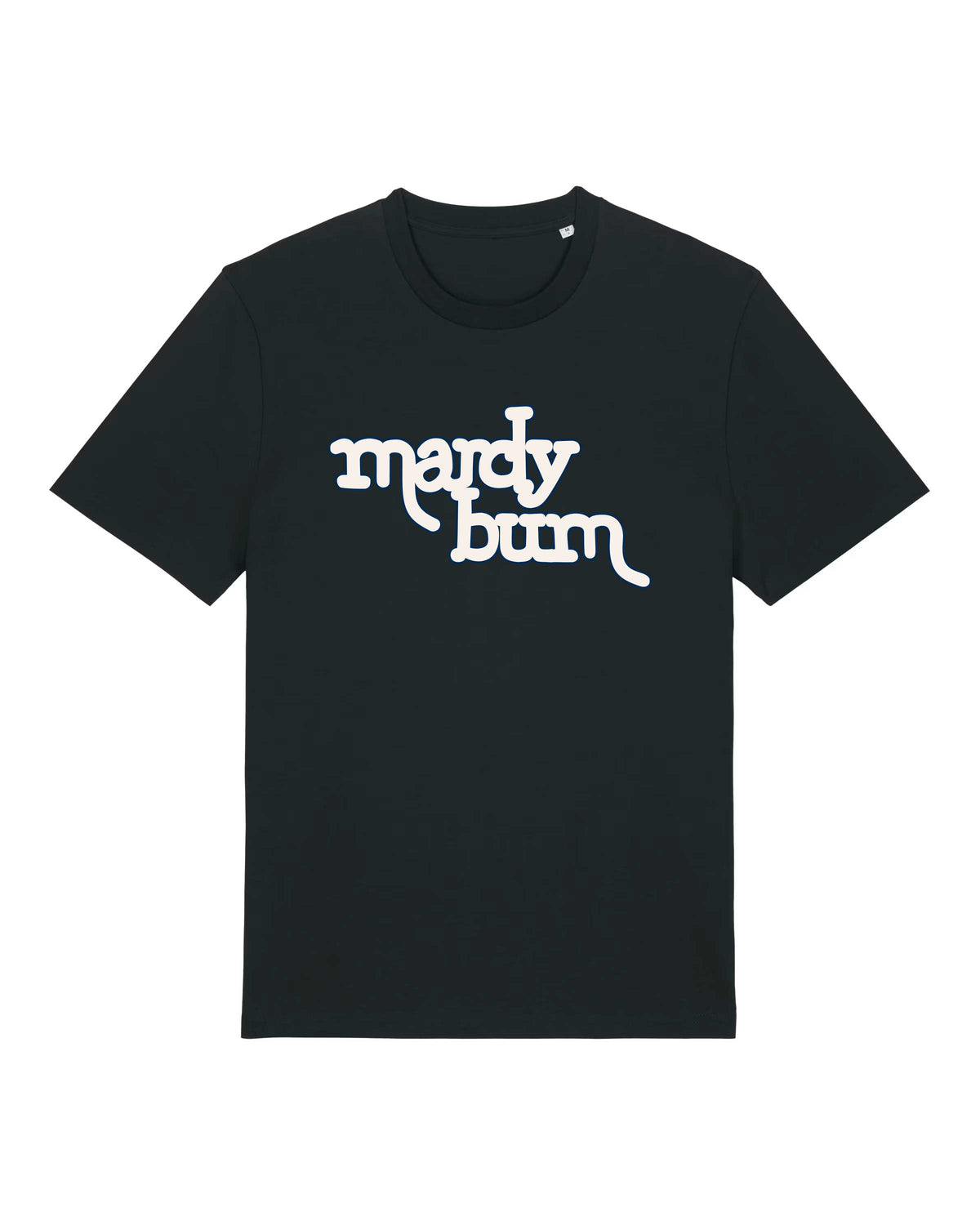 A black short-sleeve crewneck t-shirt with the phrase 'mardy bum' printed in a stylized white script inspired by Arctic Monkeys across the chest, displayed on a solid white background.