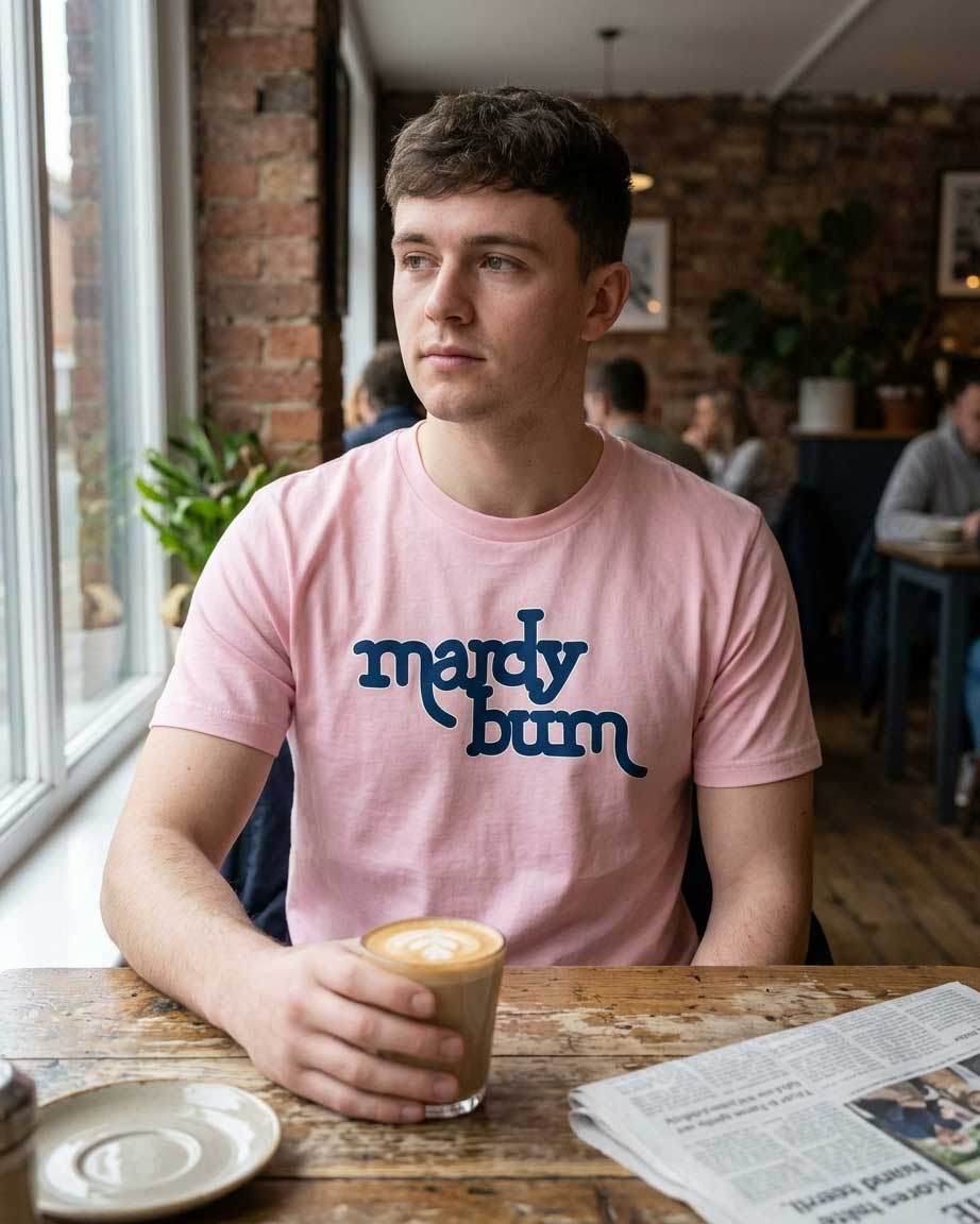 A man sitting at a wooden table in a cafe, wearing a light pink t-shirt with the phrase 'mardy bum' printed in dark blue across the chest. He is holding a cup of coffee with latte art.