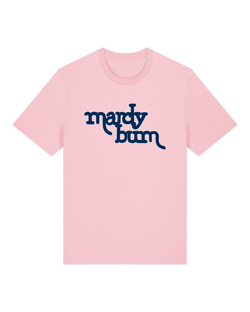 A light pink short-sleeve crewneck t-shirt featuring the text 'mardy bum' printed in a dark navy blue stylized font inspired by Arctic Monkeys across the chest, displayed on a clean white background.