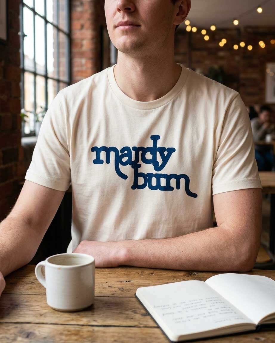 A man wearing a cream-colored t-shirt with the phrase 'mardy bum' printed in dark blue script across the chest, sitting at a wooden table in a cafe with a mug and an open notebook in front of him.