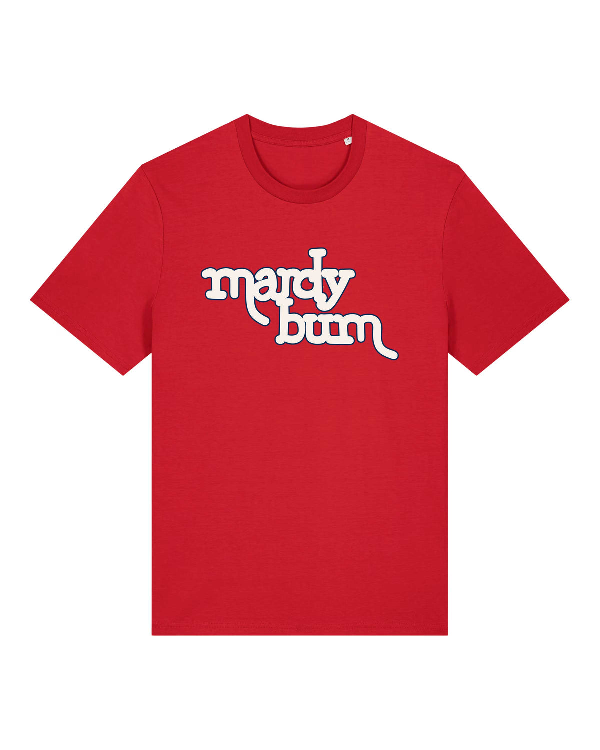 A red short-sleeve crewneck t-shirt featuring the words 'mardy bum' printed across the chest in a stylized white font inspired by Arctic Monkeys with a blue outline.