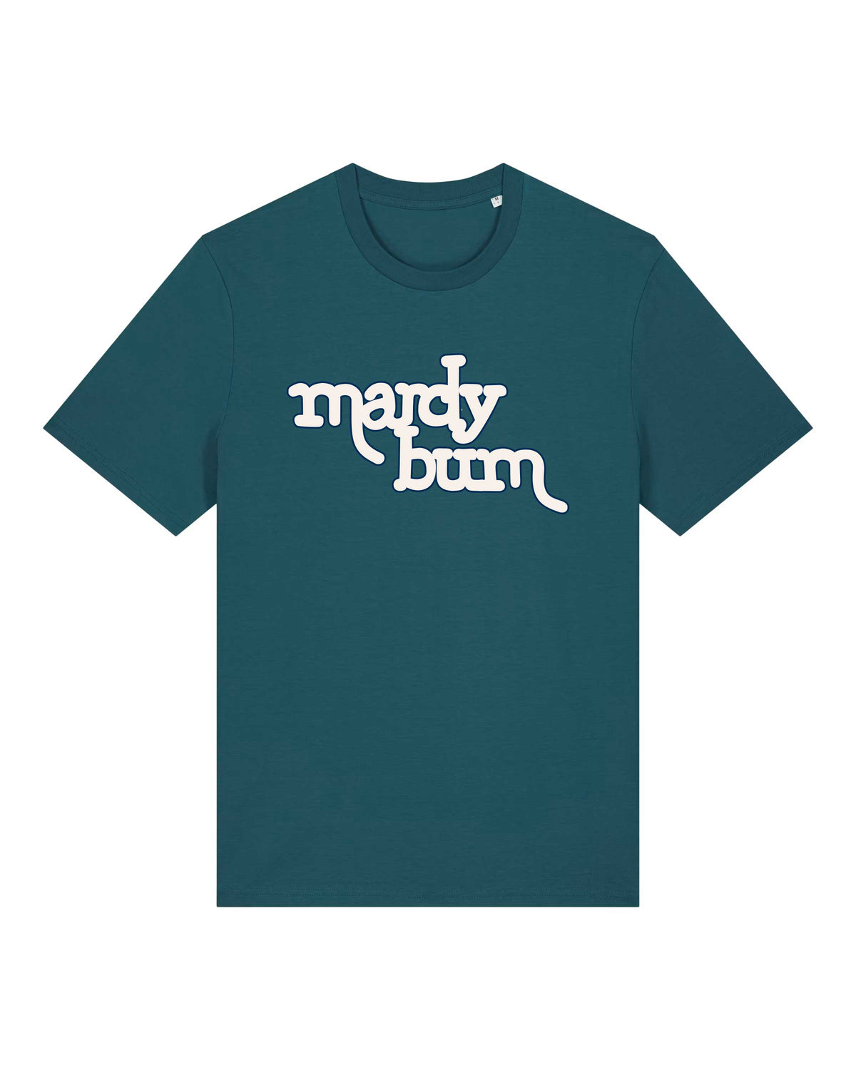 A dark teal short-sleeve t-shirt with the words 'mardy bum' printed in a stylized white font inspired by Arctic Monkeys across the chest, displayed on a solid white background.