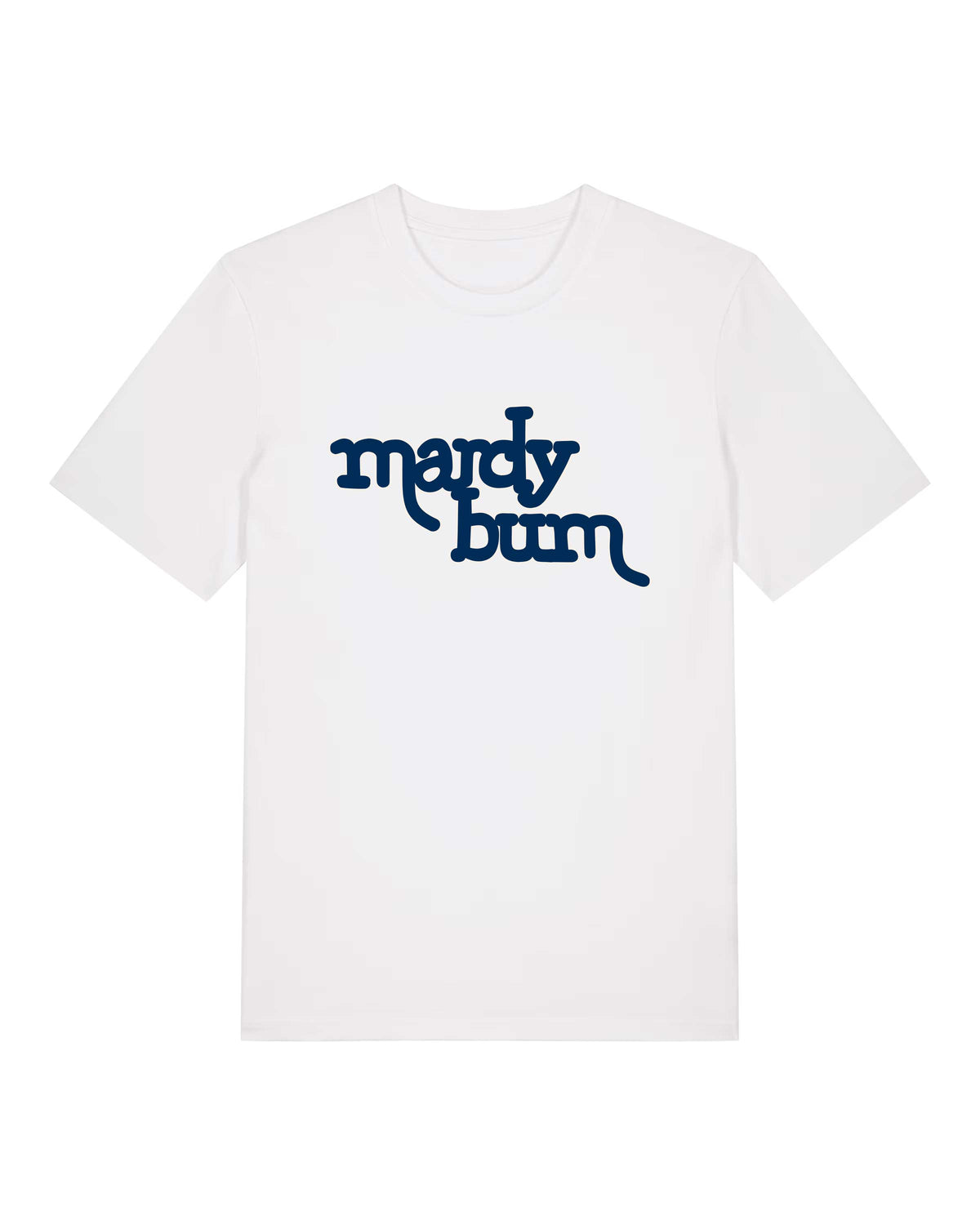 A white short-sleeve crewneck t-shirt with the phrase 'mardy bum' printed in a stylized blue script inspired by Arctic Monkeys across the chest, displayed on a solid white background.