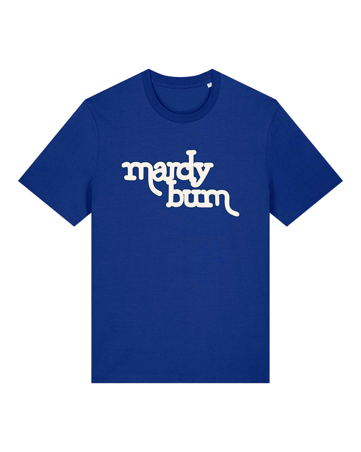 A royal blue short-sleeve crewneck t-shirt with the phrase 'mardy bum' printed in a stylized white script inspired by Arctic Monkeys across the chest, displayed on a solid white background.