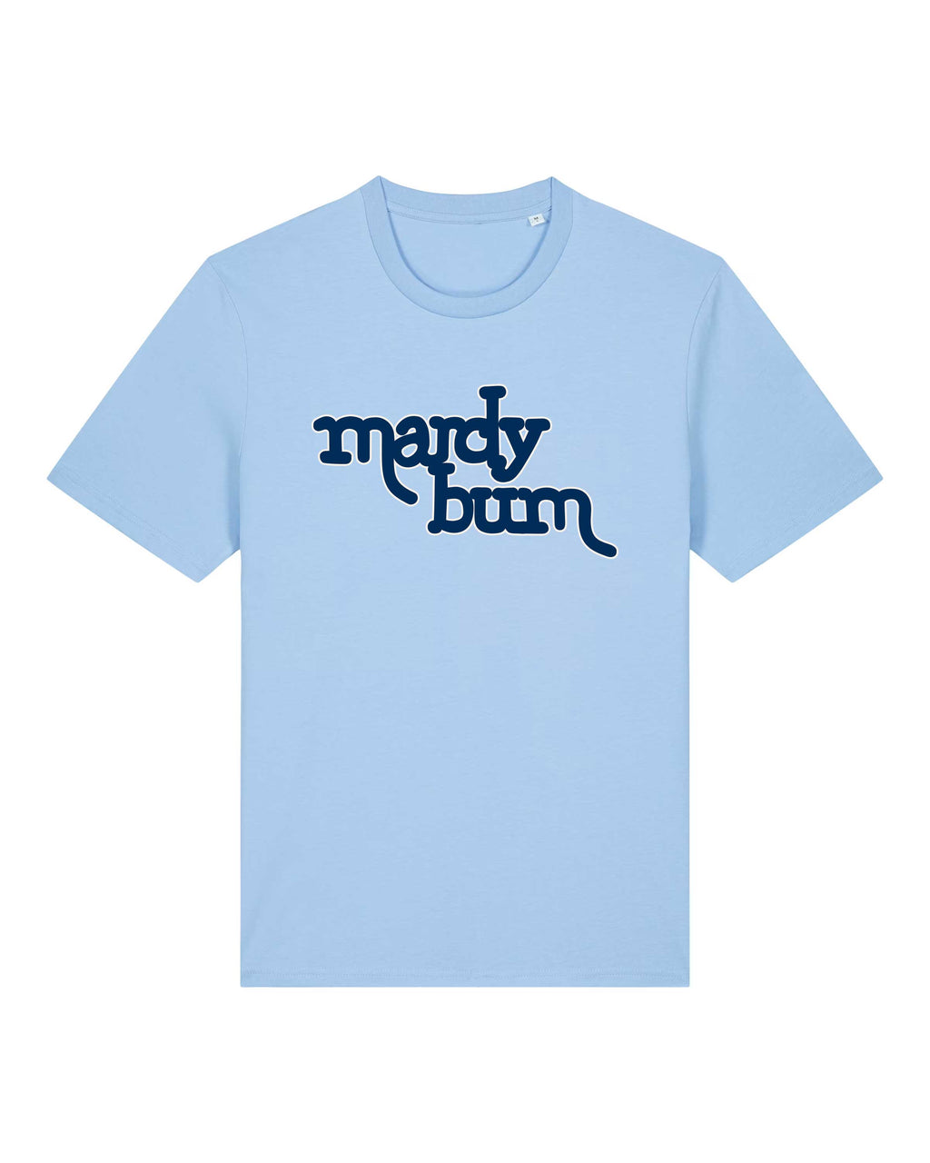 A light blue short-sleeve crewneck t-shirt with the words 'mardy bum' printed across the chest in a dark navy blue stylized font inspired by Arctic Monkeys, shown against a plain white background.