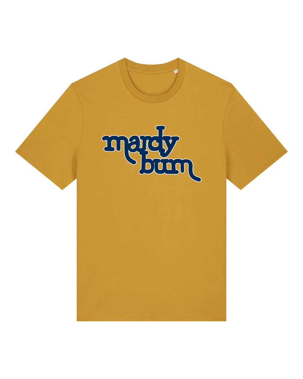 A mustard yellow short-sleeve crewneck t-shirt featuring the text 'mardy bum' printed across the chest in a dark blue cursive font inspired by Arctic Monkeys, displayed on a solid white background.
