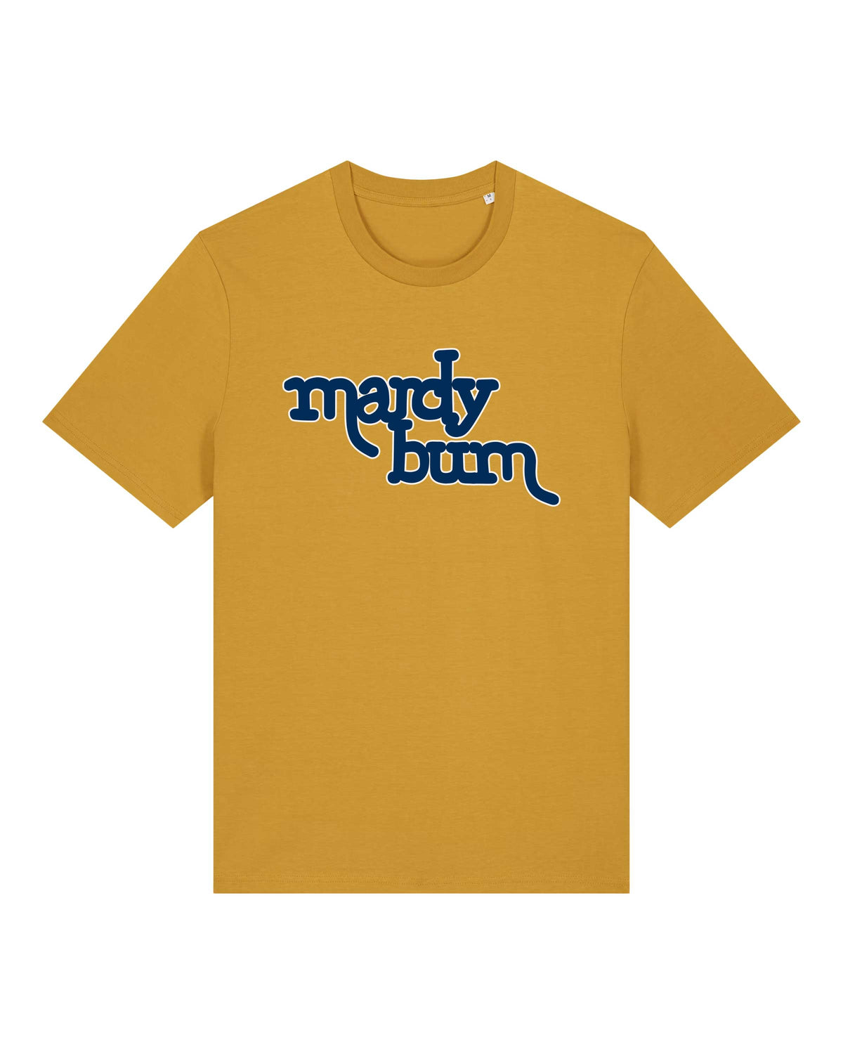 A mustard yellow short-sleeve crewneck t-shirt featuring the text 'mardy bum' printed across the chest in a dark blue cursive font inspired by Arctic Monkeys, displayed on a solid white background.