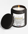 Candle in a black container with a label featuring 'Peace' and 'Sheffield'.