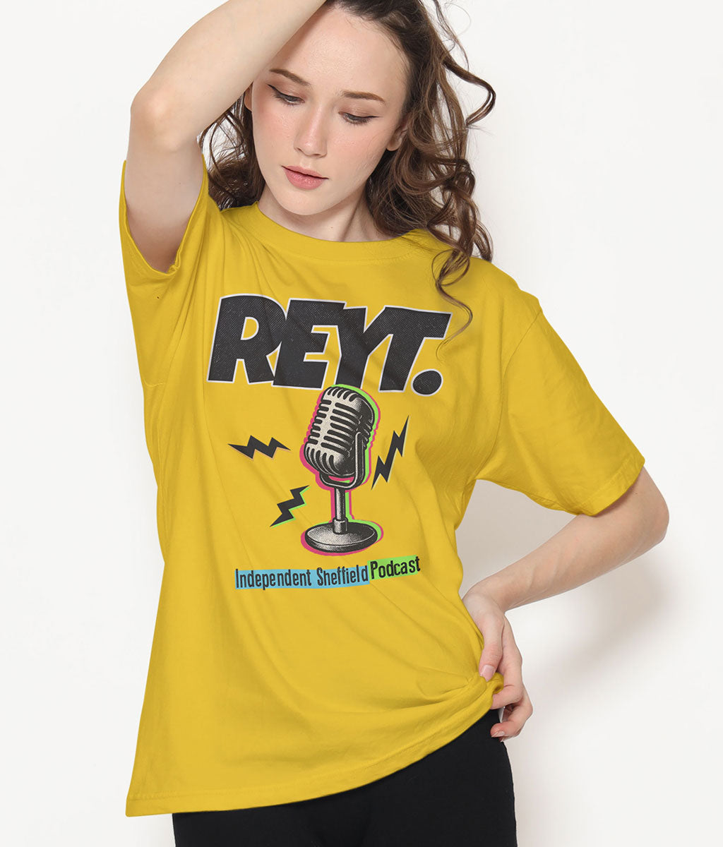 Person wearing a yellow t-shirt with 'REYT' and microphone graphic on a white background