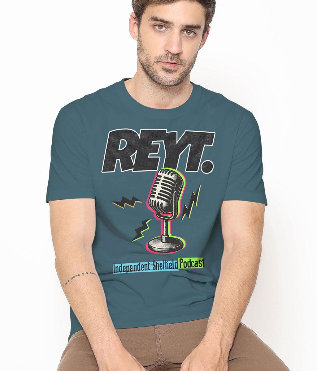 Man wearing a teal t-shirt with 'REYT.' and podcast graphic on a white background
