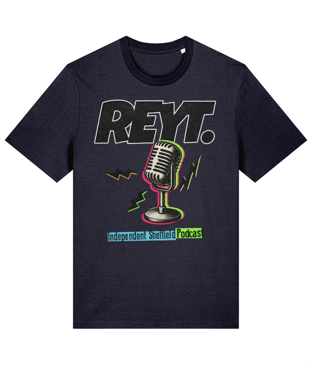 REYT Independent Sheffield Podcast french navy colour T-shirt with vintage microphone graphic and bold logo design.