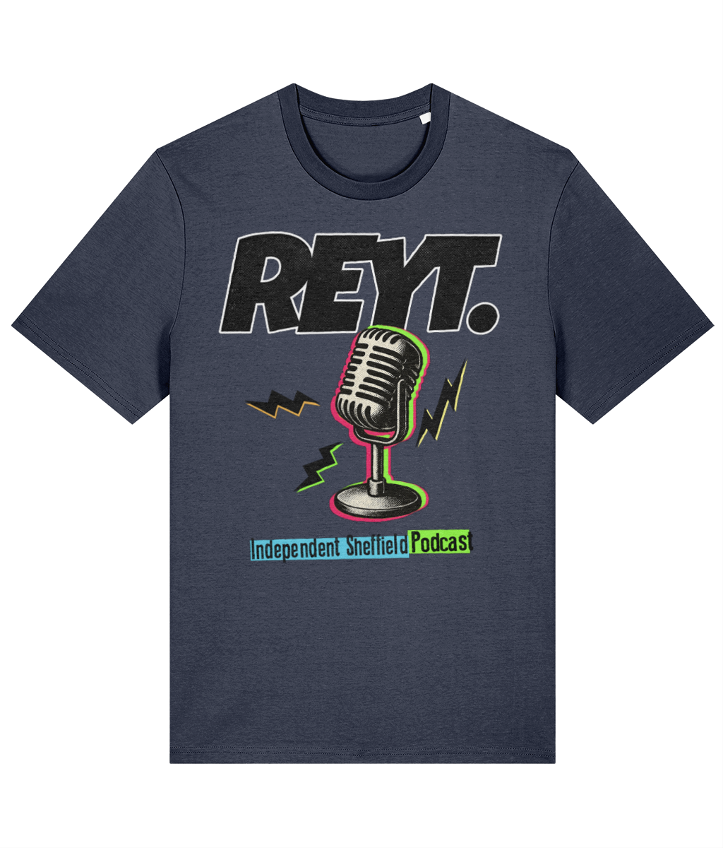 REYT Independent Sheffield Podcast India Ink Grey colour T-shirt with vintage microphone graphic and bold logo design.