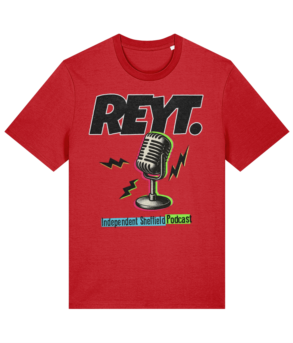 REYT Independent Sheffield Podcast red T-shirt with vintage microphone graphic and bold logo design.