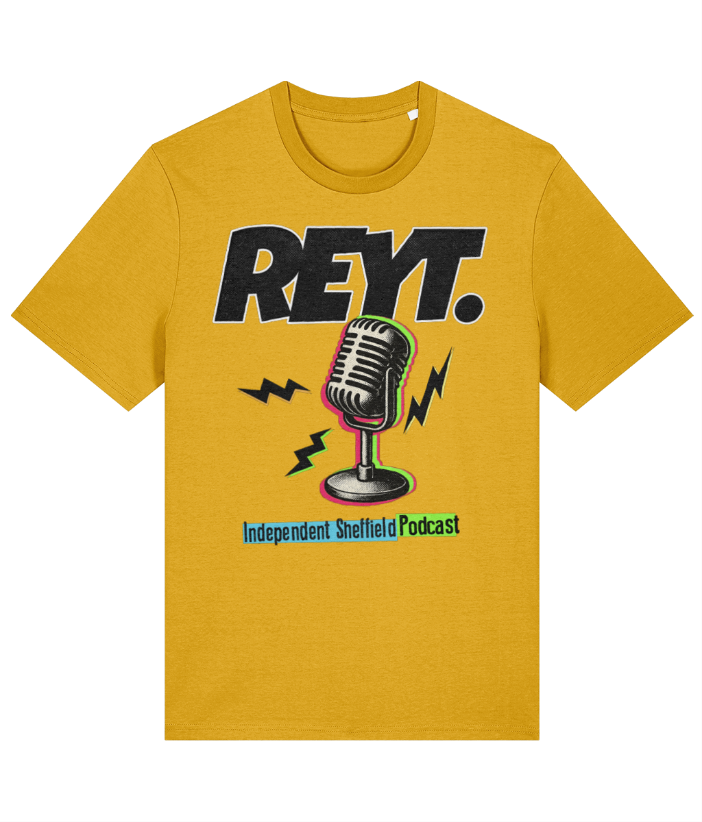 REYT Independent Sheffield Podcast spectra yellow T-shirt with vintage microphone graphic and bold logo design.