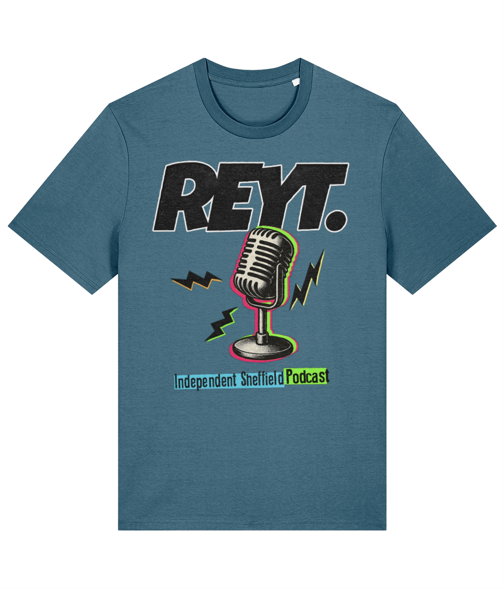 REYT Independent Sheffield Podcast stargazer/teal colour T-shirt with vintage microphone graphic and bold logo design.
