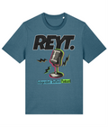 REYT Independent Sheffield Podcast stargazer/teal colour T-shirt with vintage microphone graphic and bold logo design.